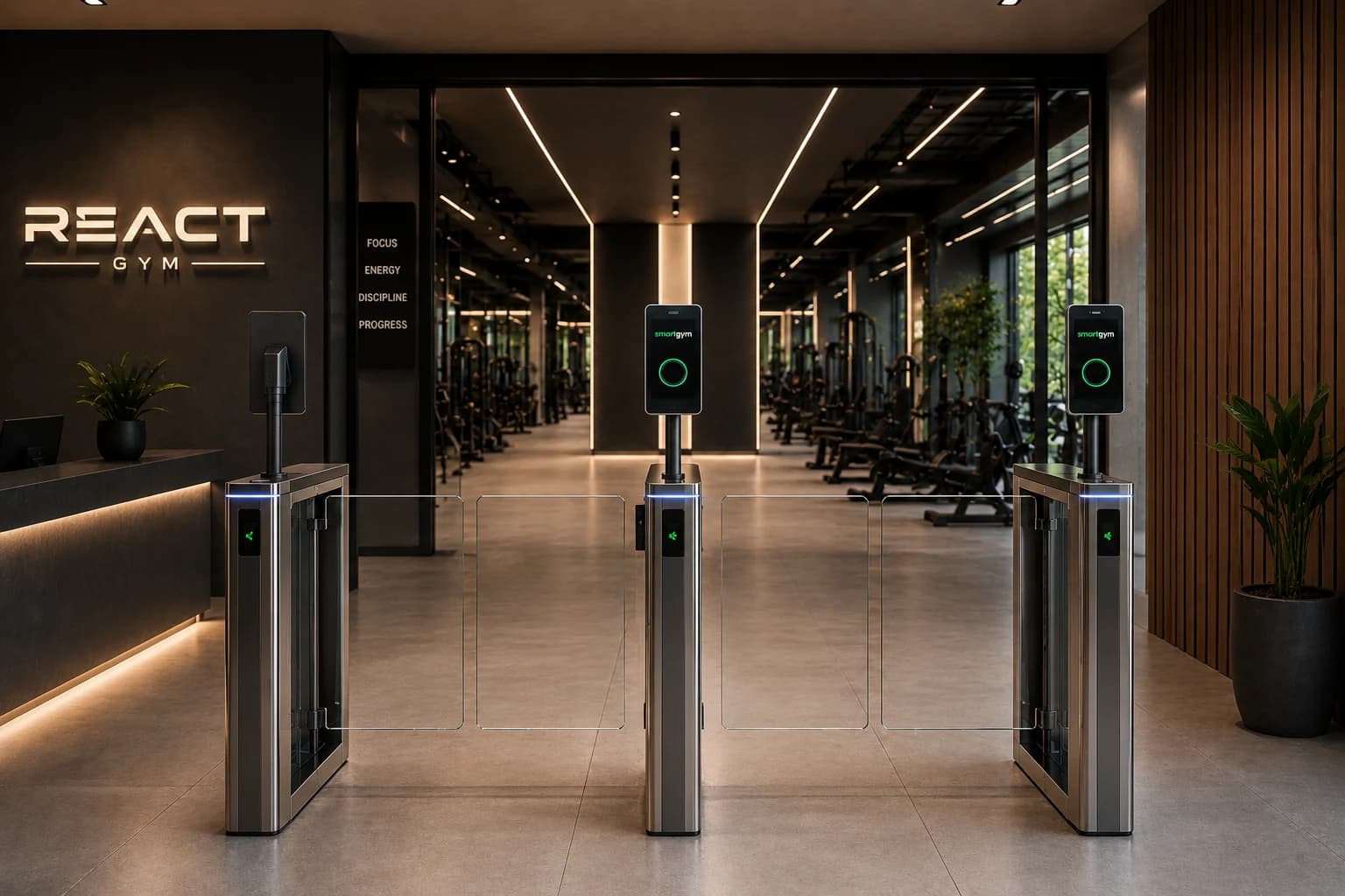 Turnstiles with SmartGym tablets for facial recognition and member face scanning