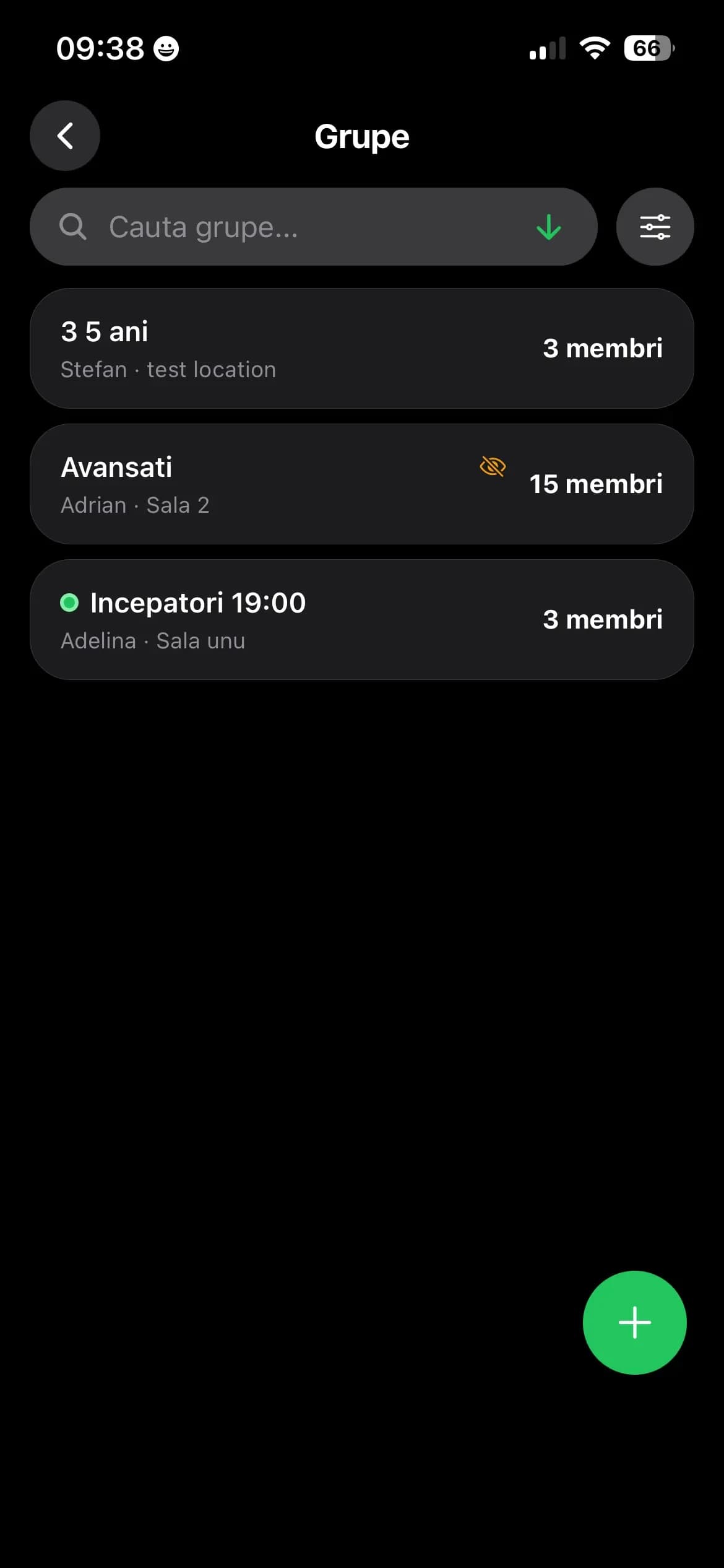 Lista de grupe pe vârste într-o aplicație pentru școli de fotbal — 3-5 ani, începători, avansați
